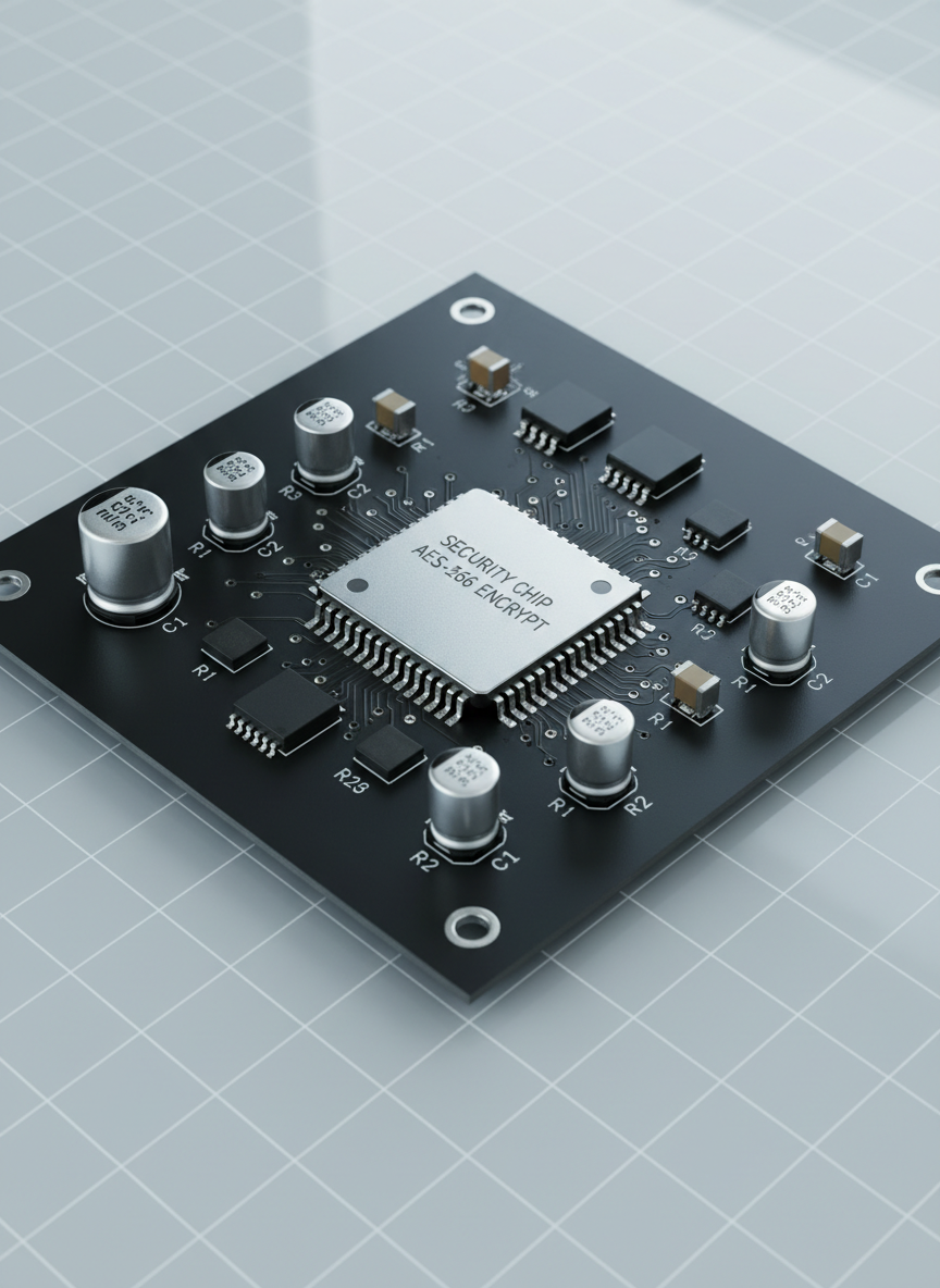 Close-up of a matte-finish black circuit board with silver solder points and clearly labeled components such as capacitors, resistors, and a visible security chip. The board is laid flat on a pristine, light-grey workbench with a geometric grid pattern faintly visible, evoking an organized lab environment. Cool, even artificial light from above ensures every detail is crisply illuminated, generating slight reflections along metallic edges. The composition uses rule of thirds, drawing the eye to the highlighted security chip. The atmosphere is methodical and focused, conveying technical depth and critical analysis in a clean, balanced photographic style suited for professional technical content.
