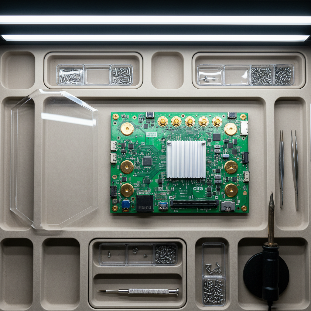 A high-resolution router disassembled to showcase its green internal PCB, antenna connectors, and heat sink, with a transparent acrylic shield propped to the side. The hardware is set on a structured, neutral-toned workspace featuring clean, ordered trays with tiny screws and tools. Overhead, soft but precise white LED lighting creates minimal shadows and a polished look, accentuating the product’s construction and layered design. Taken from a bird’s-eye view, the composition balances technical elements symmetrically. The mood is investigative and neutral—matching the site’s objective stance—while the visual style remains photographic, modern, and corporately refined.